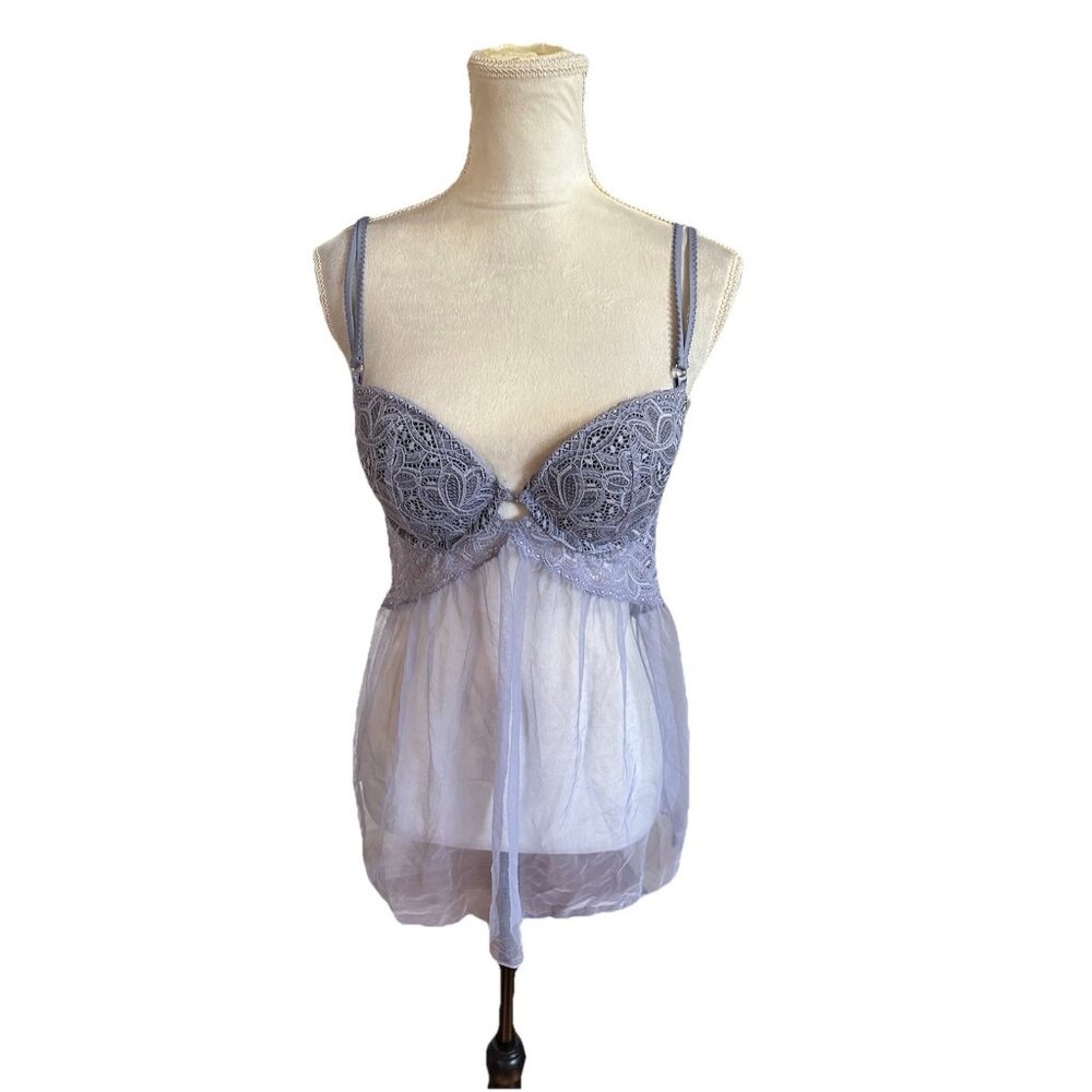 Victoria’s Secret Lace Lingerie Babydoll Top Padded Open Back Sheer Lilac 36C - Picture 5 of 13
